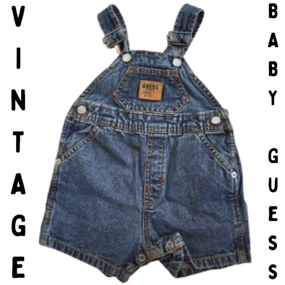 BABY GUESS Vintage 90's Denim Blue Jean Overall Shorts - Baby Boy's 6-9 Months - Picture 1 of 7